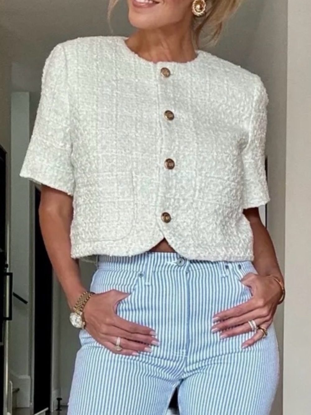 Abercrombie & Fitch Tweed Short-Sleeve Button Front Top in Cream